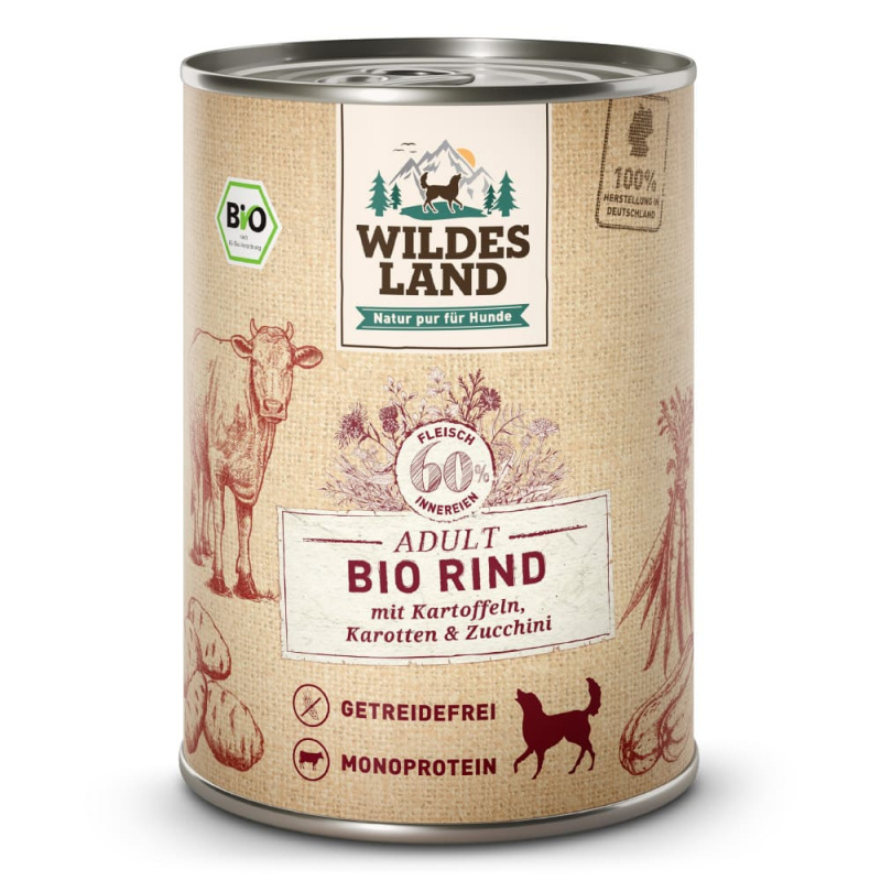 Wildes Land BIO Adult Rind mit Kartoffeln, Karotten & Zucchini Nassfutter 400 g